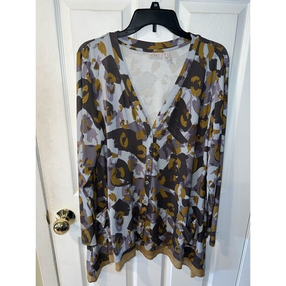 LOGO By Lori Goldstein Top Large Multicolor Boho camo Button Cardigan Tunic - Picture 11 of 11